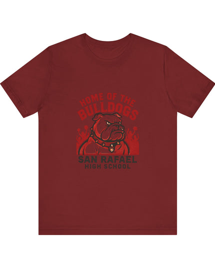 "Home of the Bulldogs - San Rafael High School (Students cheering on bulldog)" Unisex Jersey Short Sleeve Tee