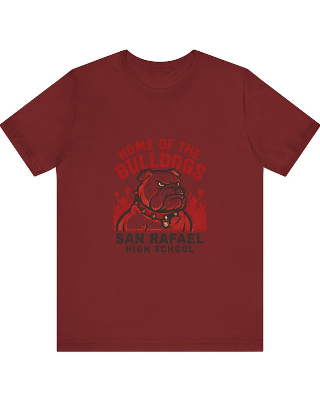 "Home of the Bulldogs - San Rafael High School (Students cheering on bulldog)" Unisex Jersey Short Sleeve Tee