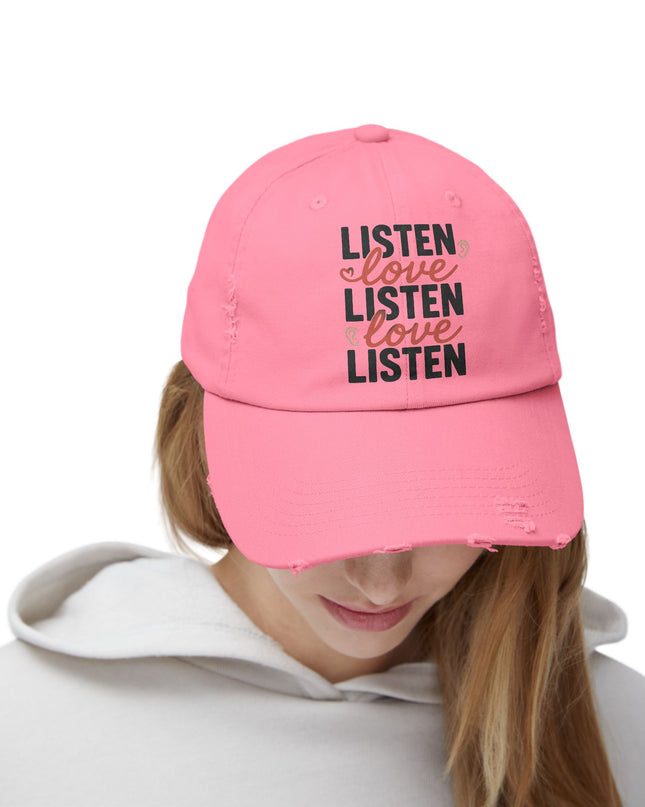 "Listen, love, listen, love" Unisex Distressed Cap