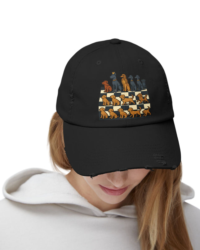 "Chess board with dog pieces" Unisex Distressed Cap