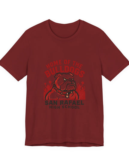 "Home of the Bulldogs - San Rafael High School (Students cheering on bulldog)" Unisex Jersey Short Sleeve Tee