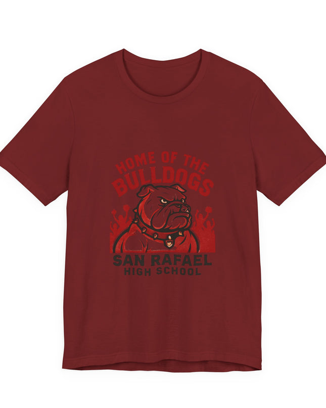 "Home of the Bulldogs - San Rafael High School (Students cheering on bulldog)" Unisex Jersey Short Sleeve Tee