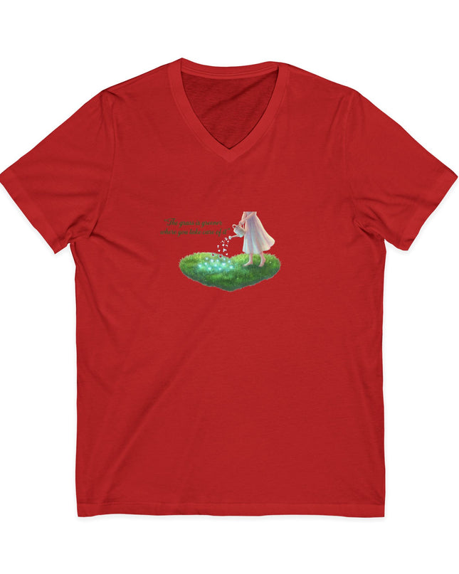"The Grass is Greener Where You Water It" Unisex Jersey Short Sleeve V-Neck Tee