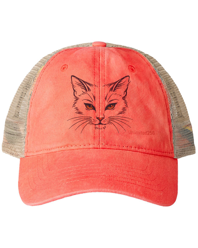 "Cat Sketch Face" Women's Washed Mesh-Back Cap