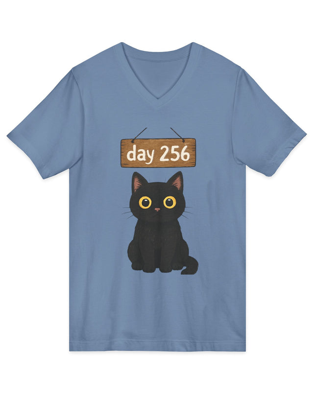 "Day 256 (not blinking black cat)" Unisex Jersey Short Sleeve V-Neck Tee