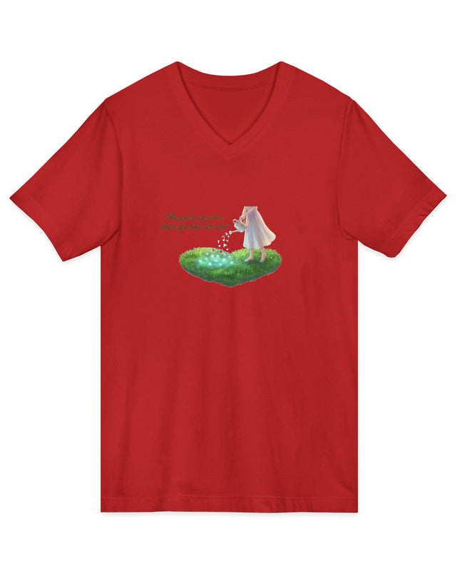 "The Grass is Greener Where You Water It" Unisex Jersey Short Sleeve V-Neck Tee
