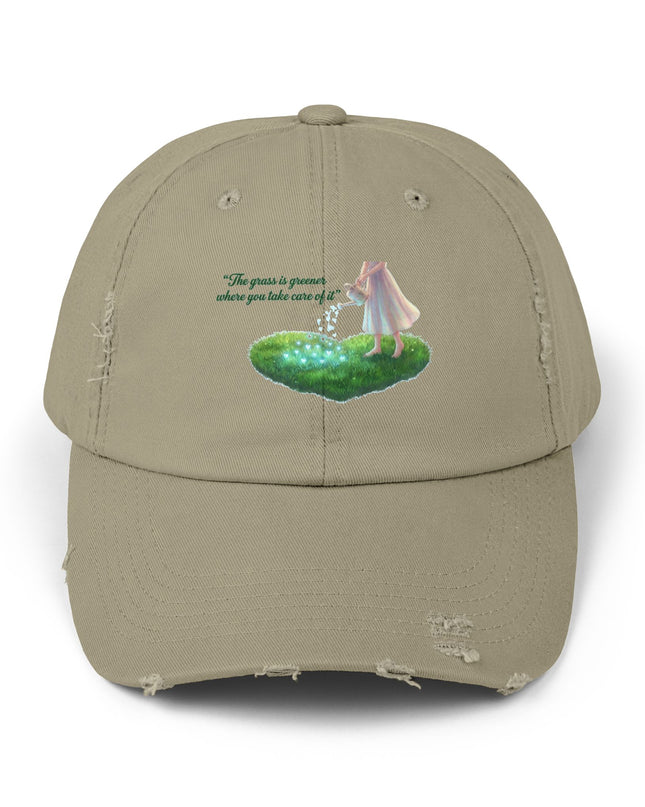 "The Grass is Greener Where You Take Care of It" Unisex Distressed Cap