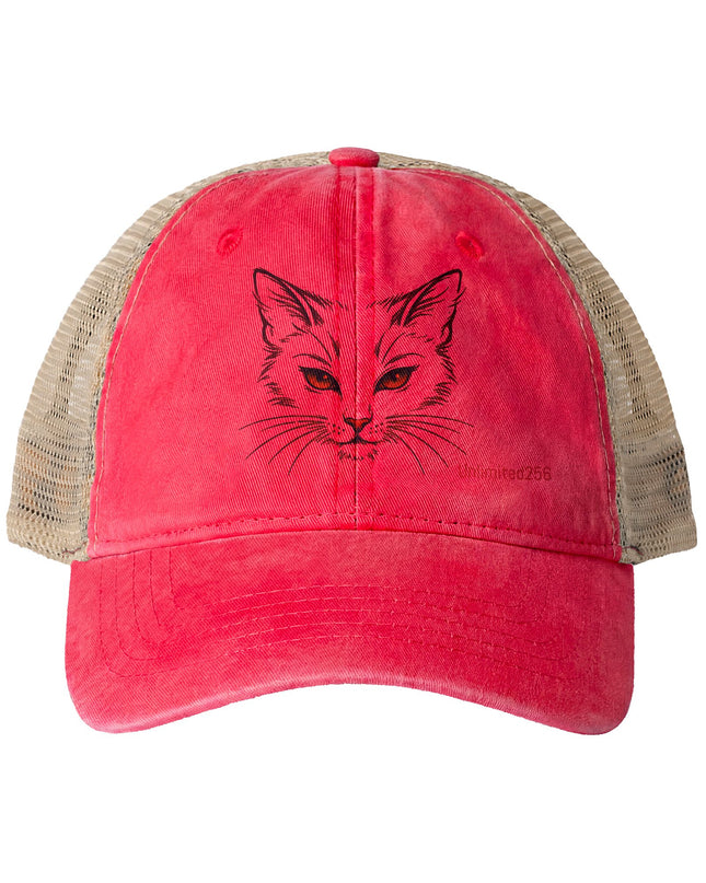 "Cat Sketch Face" Women's Washed Mesh-Back Cap