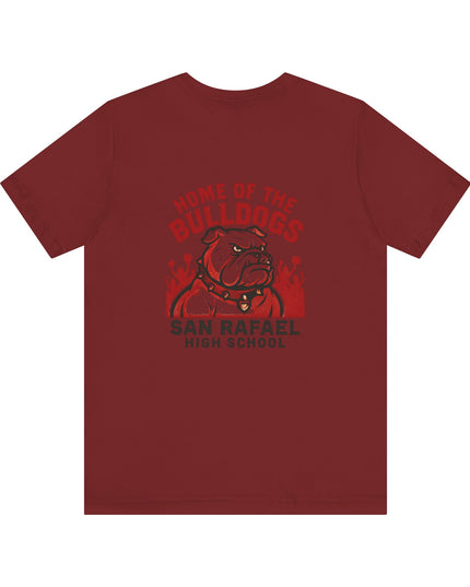 "Home of the Bulldogs - San Rafael High School (Students cheering on bulldog)" Unisex Jersey Short Sleeve Tee