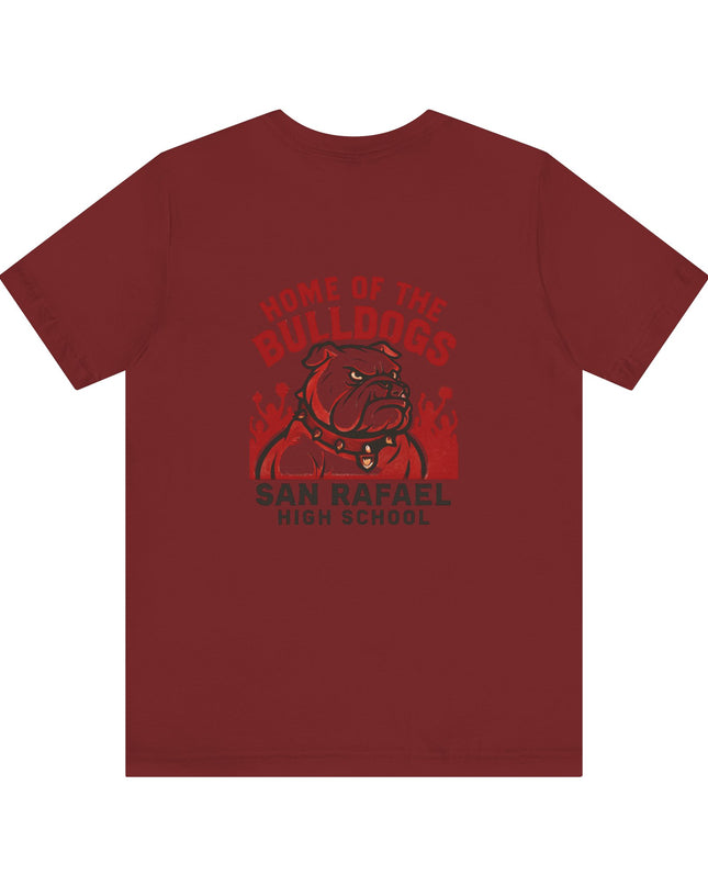 "Home of the Bulldogs - San Rafael High School (Students cheering on bulldog)" Unisex Jersey Short Sleeve Tee