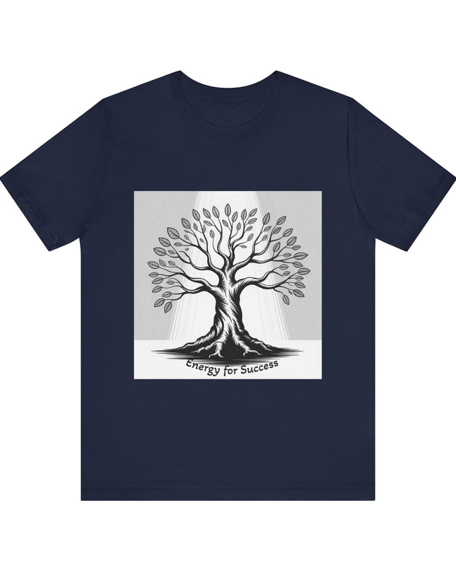 "Energy for Success" with a black and white drawing of a tree, Unisex Jersey Short Sleeve Tee