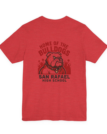 "Home of the Bulldogs - San Rafael High School (Students cheering on bulldog)" Unisex Jersey Short Sleeve Tee