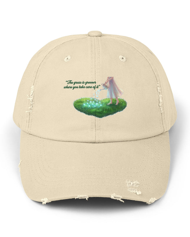 "The Grass is Greener Where You Take Care of It" Unisex Distressed Cap
