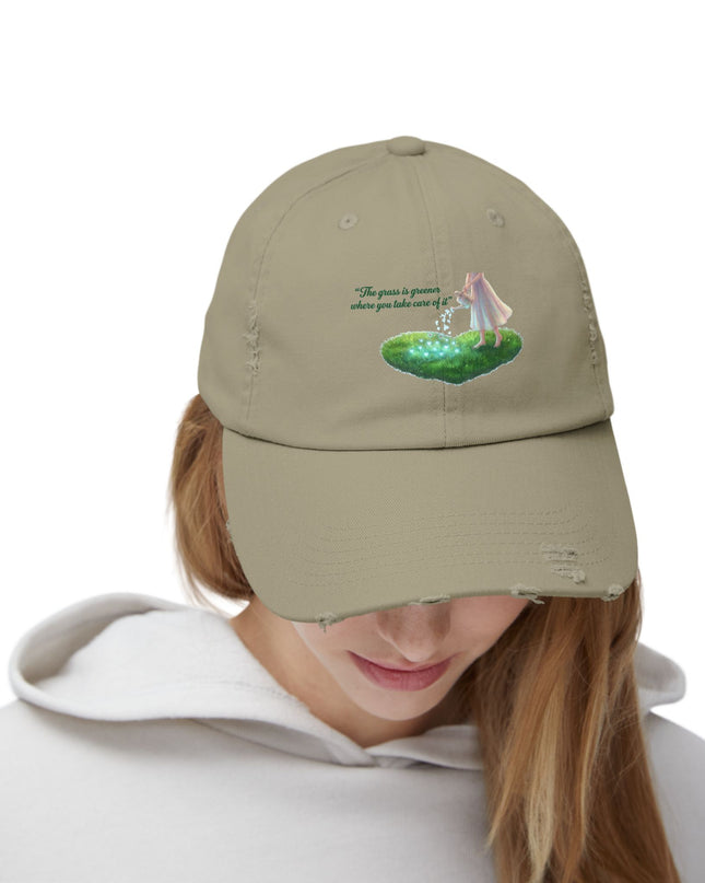 "The Grass is Greener Where You Take Care of It" Unisex Distressed Cap