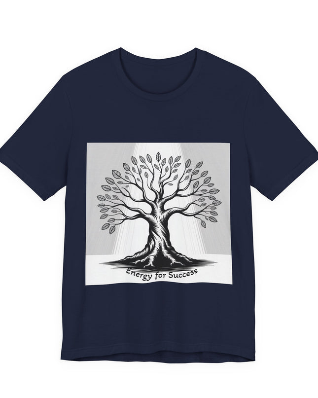 "Energy for Success" with a black and white drawing of a tree, Unisex Jersey Short Sleeve Tee