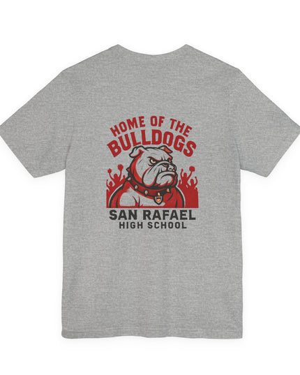 "Home of the Bulldogs - San Rafael High School (Students cheering on bulldog)" Unisex Jersey Short Sleeve Tee