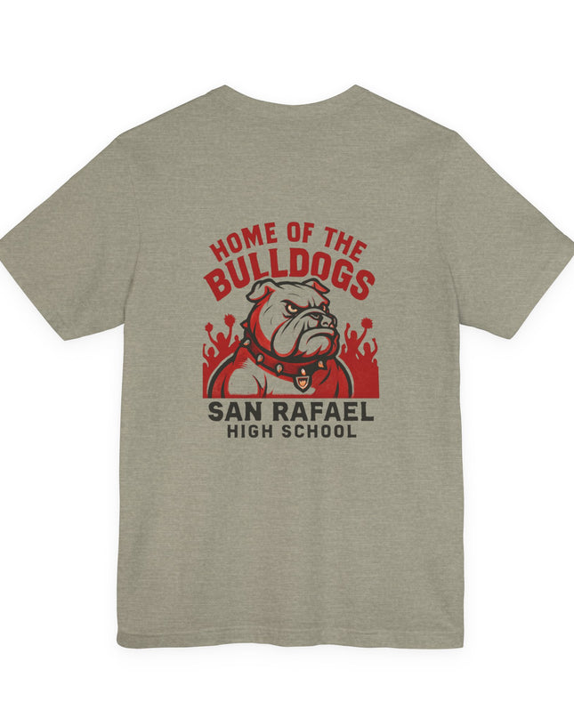 "Home of the Bulldogs - San Rafael High School (Students cheering on bulldog)" Unisex Jersey Short Sleeve Tee