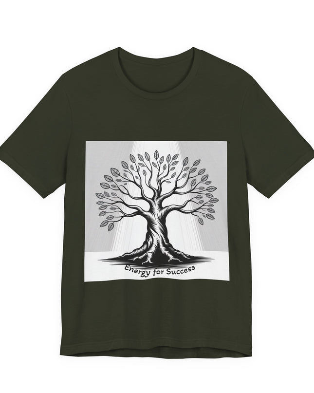 "Energy for Success" with a black and white drawing of a tree, Unisex Jersey Short Sleeve Tee