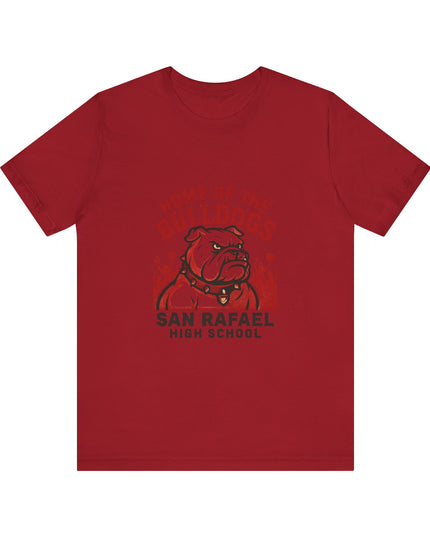 "Home of the Bulldogs - San Rafael High School (Students cheering on bulldog)" Unisex Jersey Short Sleeve Tee
