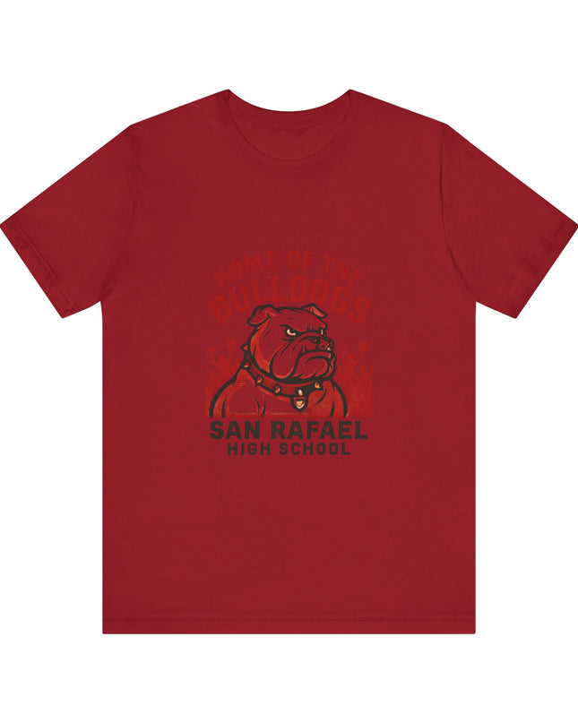 "Home of the Bulldogs - San Rafael High School (Students cheering on bulldog)" Unisex Jersey Short Sleeve Tee