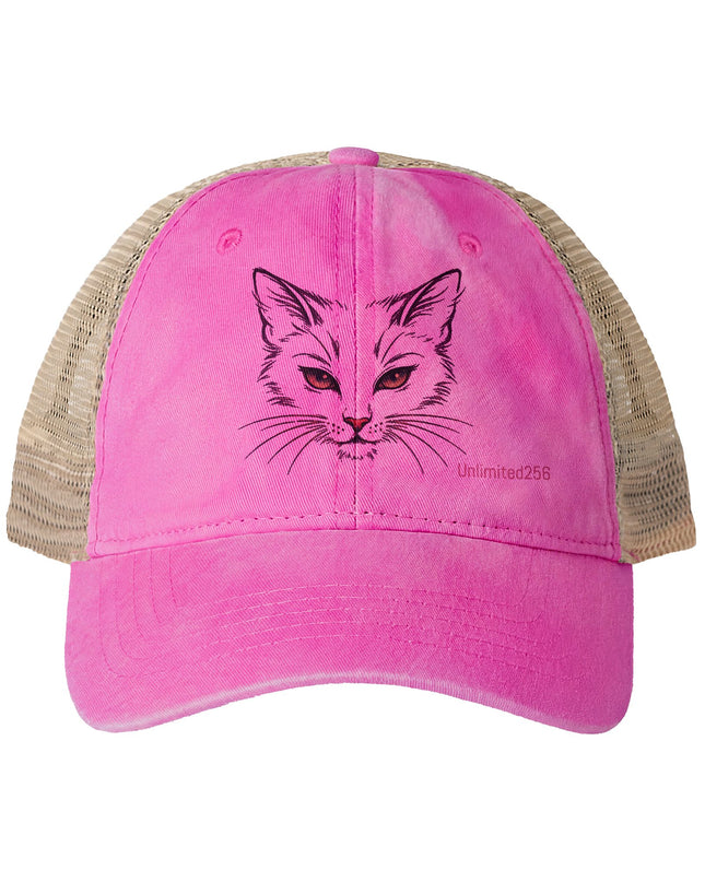 "Cat Sketch Face" Women's Washed Mesh-Back Cap