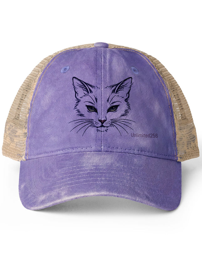 "Cat Sketch Face" Women's Washed Mesh-Back Cap