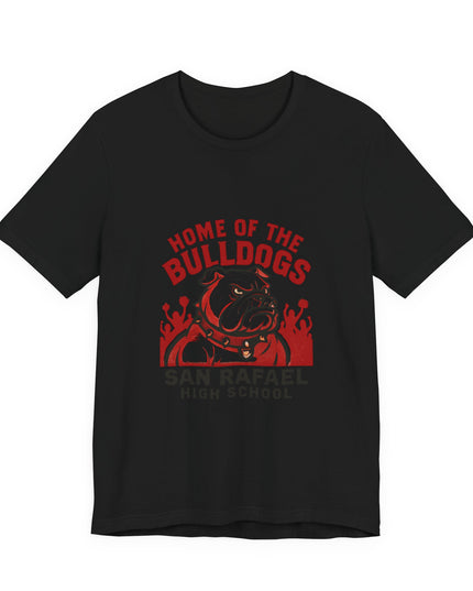 "Home of the Bulldogs - San Rafael High School (Students cheering on bulldog)" Unisex Jersey Short Sleeve Tee