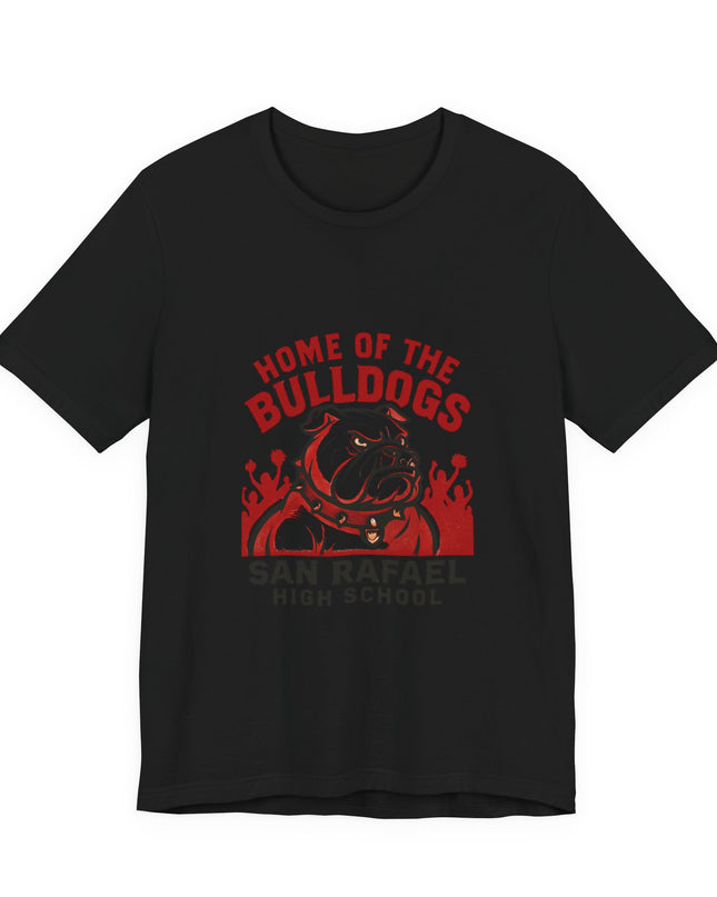 "Home of the Bulldogs - San Rafael High School (Students cheering on bulldog)" Unisex Jersey Short Sleeve Tee
