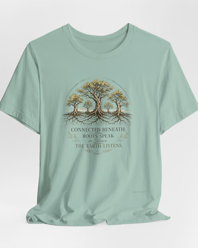"Connected Beneath. Roots Speak in Silence. The Earth Listens." Unisex Jersey Short Sleeve Tee