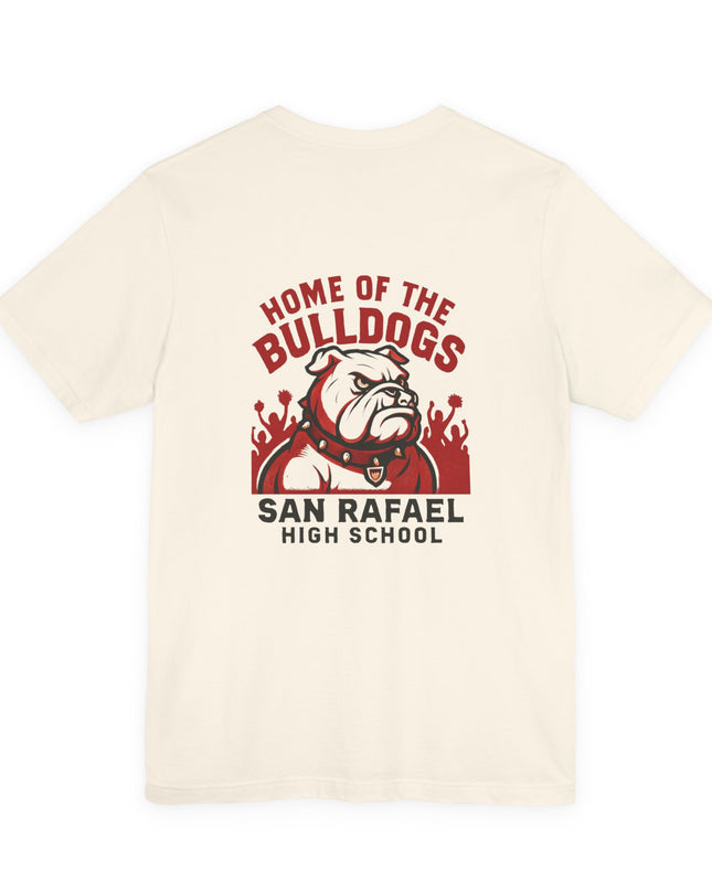 "Home of the Bulldogs - San Rafael High School (Students cheering on bulldog)" Unisex Jersey Short Sleeve Tee