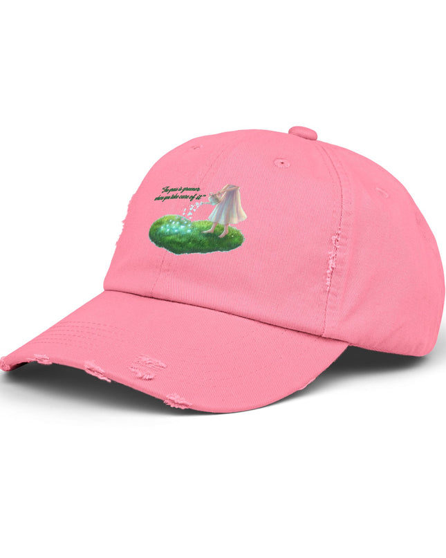 "The Grass is Greener Where You Take Care of It" Unisex Distressed Cap