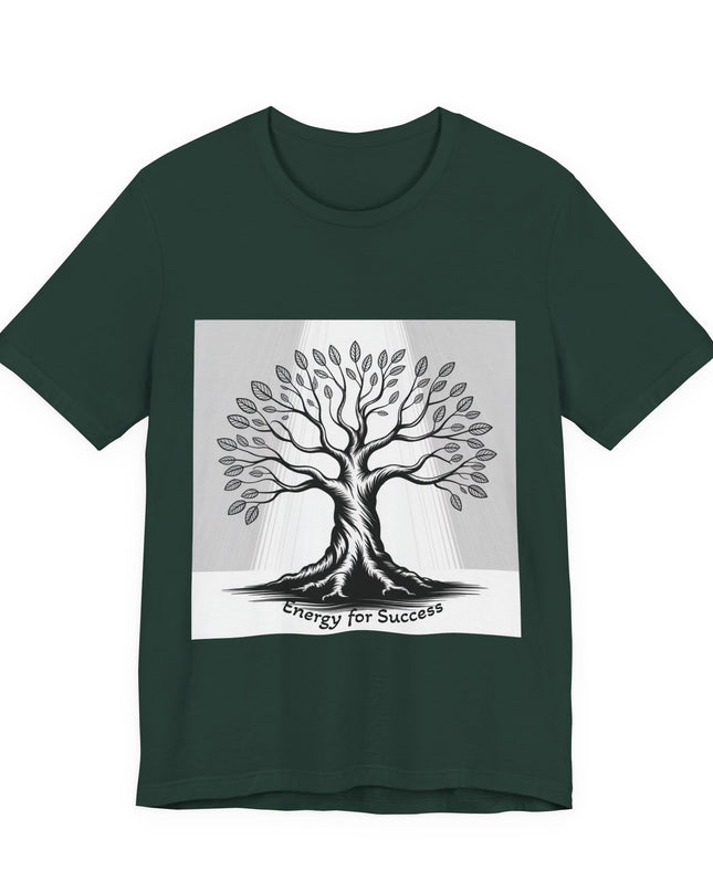 "Energy for Success" with a black and white drawing of a tree, Unisex Jersey Short Sleeve Tee