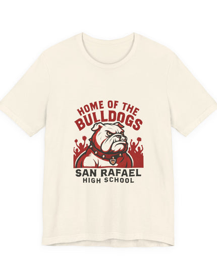 "Home of the Bulldogs - San Rafael High School (Students cheering on bulldog)" Unisex Jersey Short Sleeve Tee