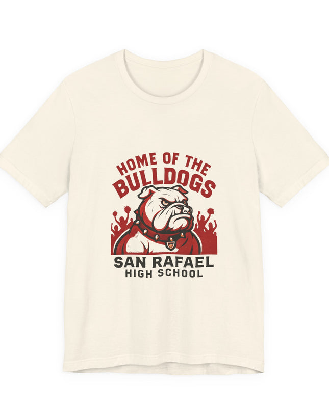 "Home of the Bulldogs - San Rafael High School (Students cheering on bulldog)" Unisex Jersey Short Sleeve Tee