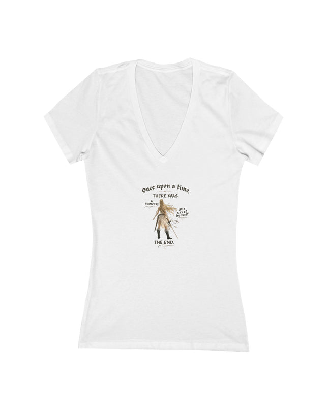 "She Saved Herself" (ink both sides) Women's Jersey Short Sleeve Deep V-Neck Tee