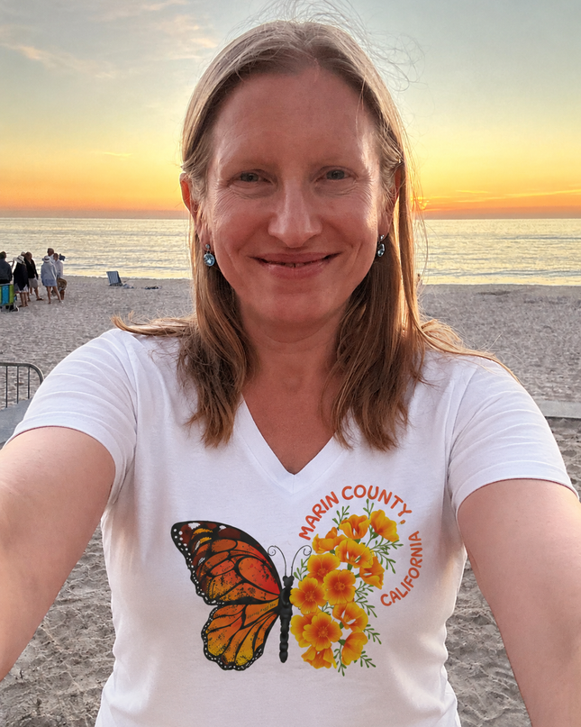 "Butterfly and Poppies Marin County California" Women's Jersey Short Sleeve Deep V-Neck Tee