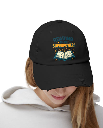 "Reading is my superpower" Unisex Distressed Cap