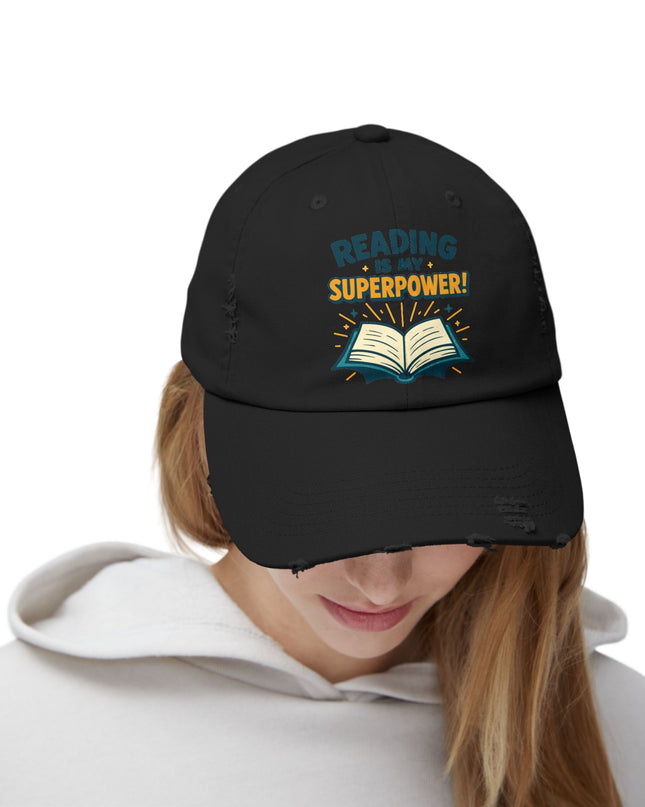 "Reading is my superpower" Unisex Distressed Cap