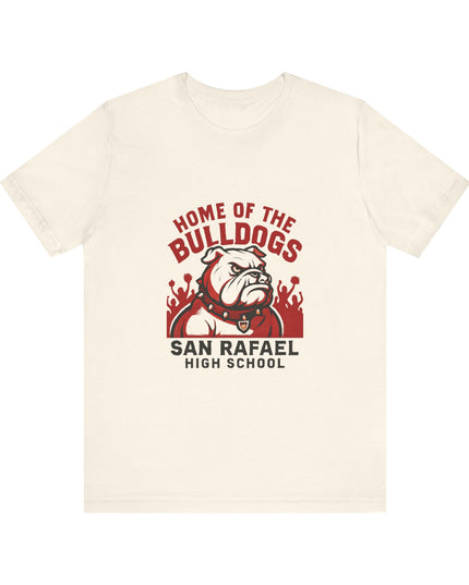 "Home of the Bulldogs - San Rafael High School (Students cheering on bulldog)" Unisex Jersey Short Sleeve Tee