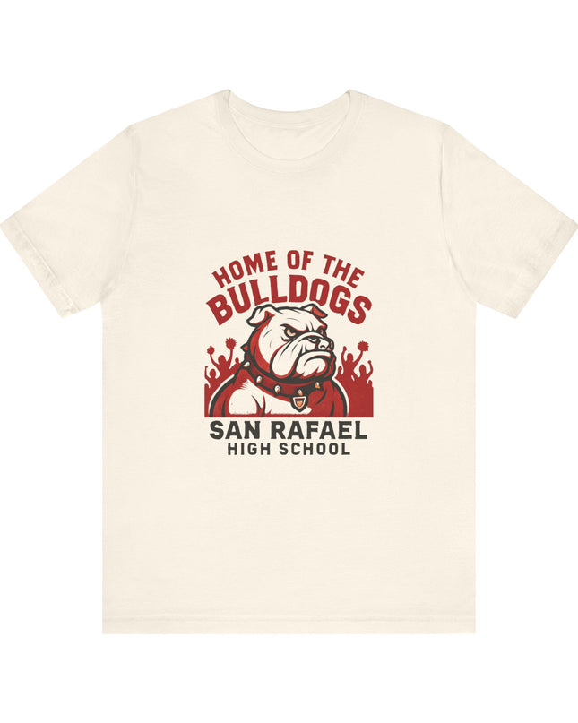 "Home of the Bulldogs - San Rafael High School (Students cheering on bulldog)" Unisex Jersey Short Sleeve Tee