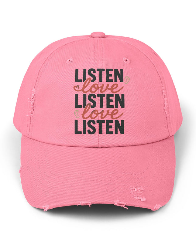 "Listen, love, listen, love" Unisex Distressed Cap