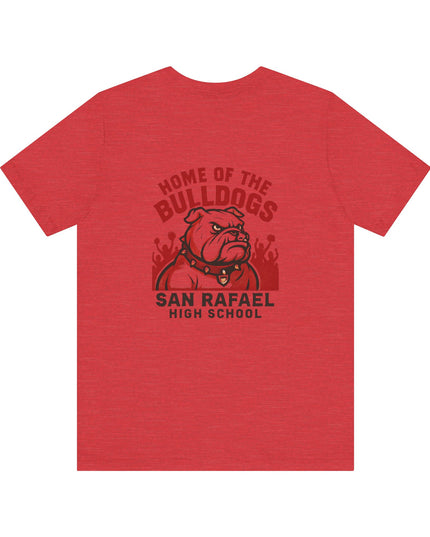 "Home of the Bulldogs - San Rafael High School (Students cheering on bulldog)" Unisex Jersey Short Sleeve Tee