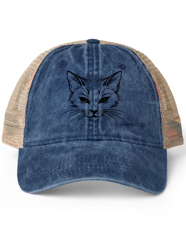 "Cat Sketch Face" Women's Washed Mesh-Back Cap