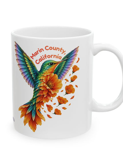 "Hummingbird and Poppies" Ceramic Mug, (11oz, 15oz)