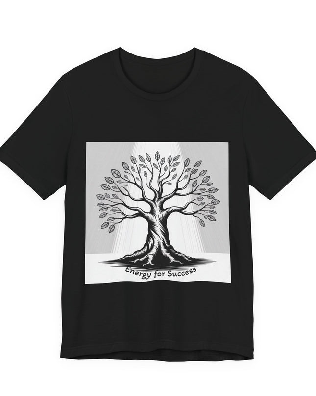 "Energy for Success" with a black and white drawing of a tree, Unisex Jersey Short Sleeve Tee