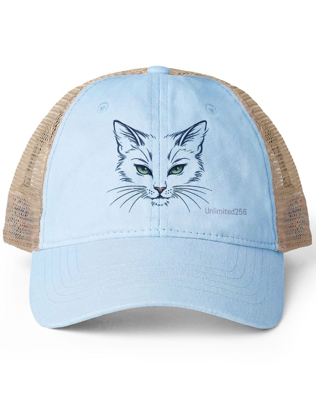 "Cat Sketch Face" Women's Washed Mesh-Back Cap