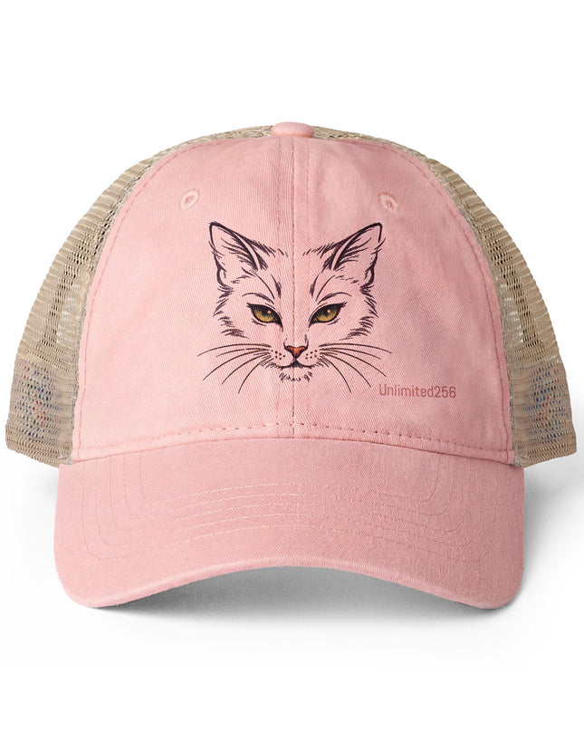 "Cat Sketch Face" Women's Washed Mesh-Back Cap