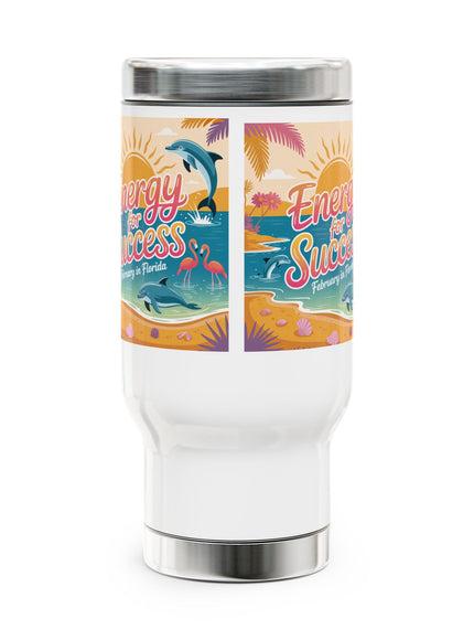 "February in Florida, Energy for Success" Stainless Steel Travel Mug with Handle, 14oz