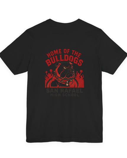 "Home of the Bulldogs - San Rafael High School (Students cheering on bulldog)" Unisex Jersey Short Sleeve Tee