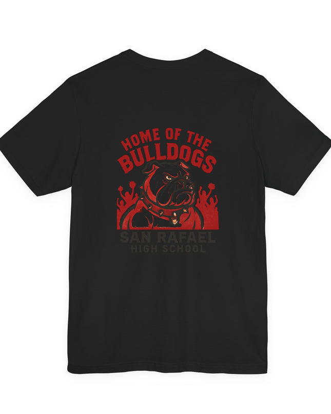 "Home of the Bulldogs - San Rafael High School (Students cheering on bulldog)" Unisex Jersey Short Sleeve Tee
